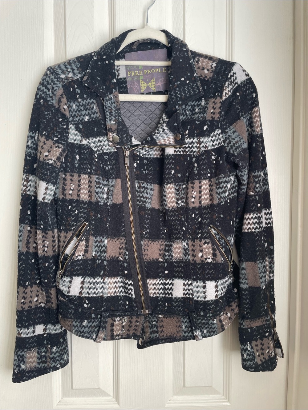 Free People Speckled Plaid Slant Zip Moto Jacket